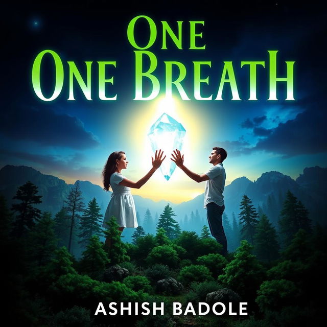 A magical book cover for 'One Breath' by Ashish Badole, depicting a twilight scene where the title glows brilliantly above an ancient forest