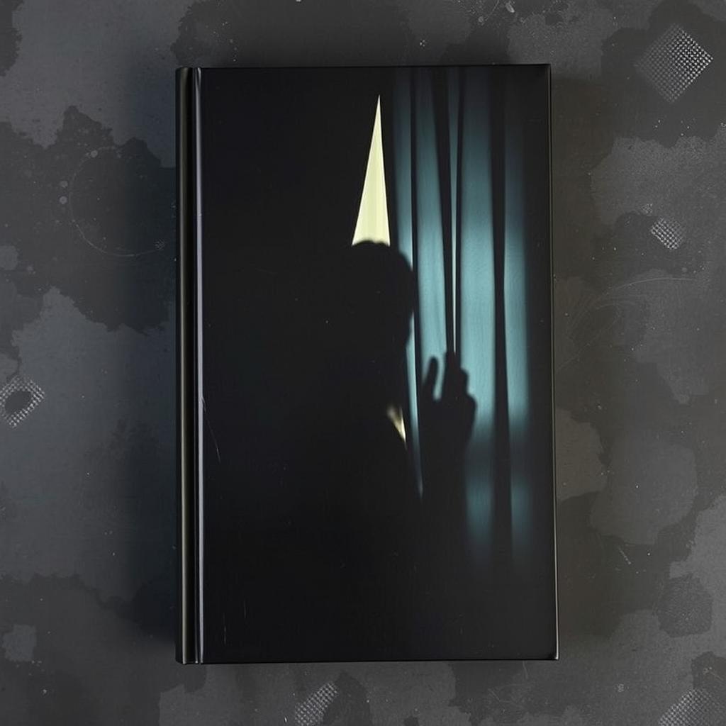 A mysterious book cover depicting a shadowy figure or indistinct object peeking through a curtain or window, creating an atmosphere of intrigue and suspense