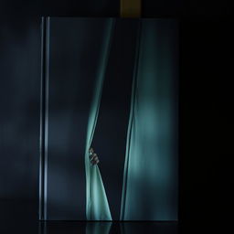 A mysterious book cover depicting a shadowy figure or indistinct object peeking through a curtain or window, creating an atmosphere of intrigue and suspense