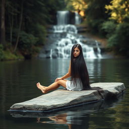 An 18-year-old American girl with long black hair and striking silver eyes, sitting elegantly on a long flat stone in the middle of a tranquil lake