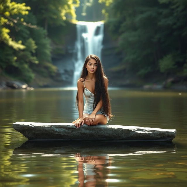 An 18-year-old American girl with long black hair and striking silver eyes, sitting elegantly on a long flat stone in the middle of a tranquil lake