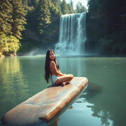 An 18-year-old American girl with long black hair and striking silver eyes, sitting elegantly on a long flat stone in the middle of a tranquil lake