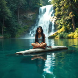 An 18-year-old American girl with long black hair and striking silver eyes, sitting elegantly on a long flat stone in the middle of a tranquil lake