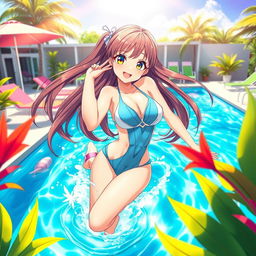 A vibrant and dynamic scene depicting an anime girl in a stylish swimming suit, playfully splashing in a crystal-clear blue pool