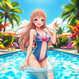 A vibrant and dynamic scene depicting an anime girl in a stylish swimming suit, playfully splashing in a crystal-clear blue pool