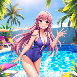 A vibrant and dynamic scene depicting an anime girl in a stylish swimming suit, playfully splashing in a crystal-clear blue pool