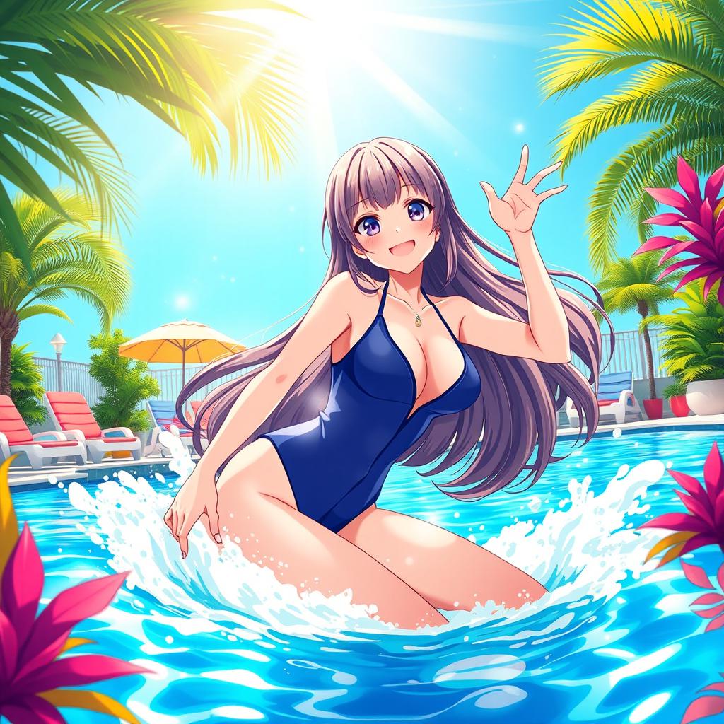 A vibrant and dynamic scene depicting an anime girl in a stylish swimming suit, playfully splashing in a crystal-clear blue pool