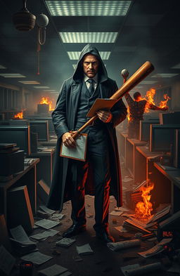 A dark, dystopian office space completely destroyed, with scorched cubicles and burnt paperwork scattered everywhere