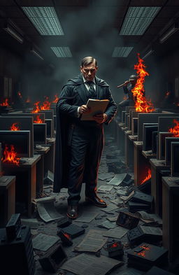 A dark, dystopian office space completely destroyed, with scorched cubicles and burnt paperwork scattered everywhere