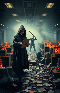 A dark, dystopian office space completely destroyed, with scorched cubicles and burnt paperwork scattered everywhere