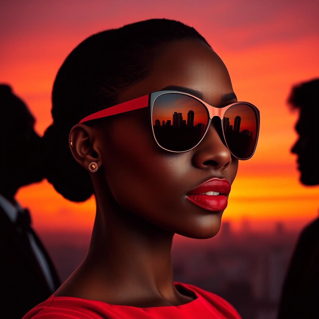 A close-up profile of an African woman’s face, featuring bold red lips and piercing, captivating eyes