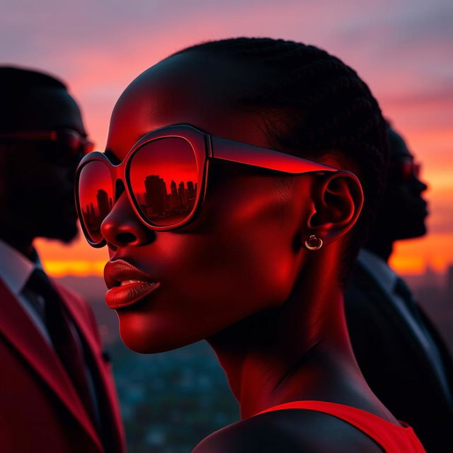 A close-up profile of an African woman’s face, featuring bold red lips and piercing, captivating eyes