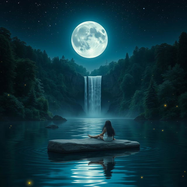 An 18-year-old American girl with flowing black hair and mesmerizing silver eyes, sitting peacefully on a long flat stone in the middle of a tranquil lake at night