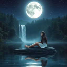 An 18-year-old American girl with flowing black hair and mesmerizing silver eyes, sitting peacefully on a long flat stone in the middle of a tranquil lake at night