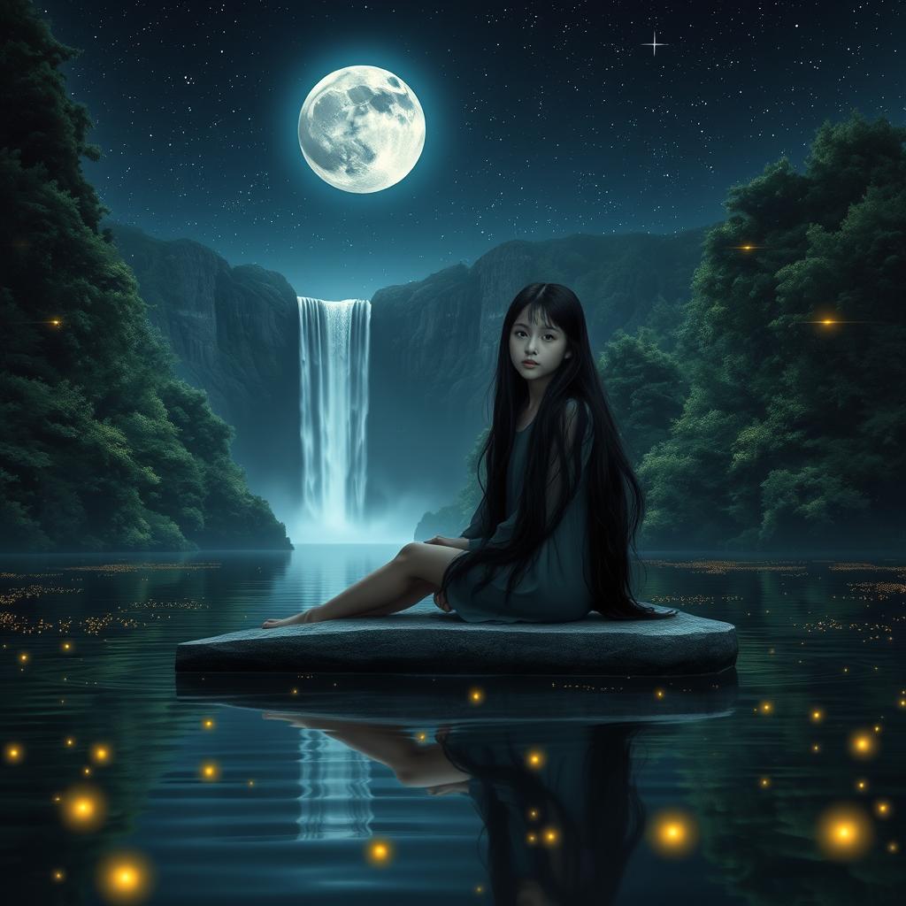 An 18-year-old American girl with flowing black hair and mesmerizing silver eyes, sitting peacefully on a long flat stone in the middle of a tranquil lake at night