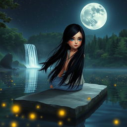 An 18-year-old American girl with flowing black hair and mesmerizing silver eyes, sitting peacefully on a long flat stone in the middle of a tranquil lake at night