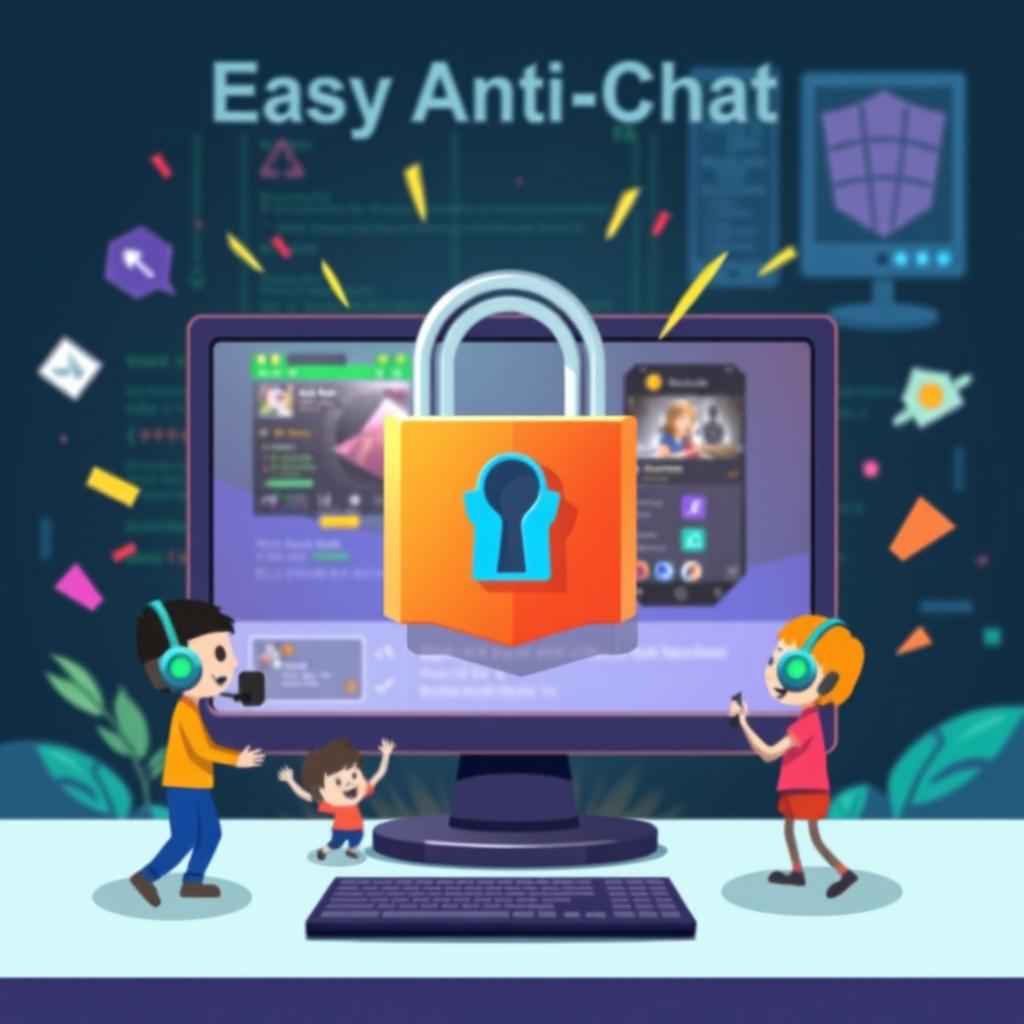 A digital illustration representing the concept of Easy Anti-Cheat in a vibrant, engaging style