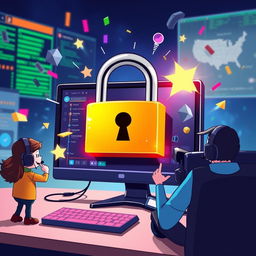 A digital illustration representing the concept of Easy Anti-Cheat in a vibrant, engaging style