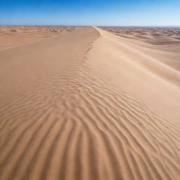 A vast, arid desert under a clear blue sky. Scattered sand dunes, shaped by the wind, create a beautiful pattern against the horizon.