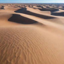 A vast, arid desert under a clear blue sky. Scattered sand dunes, shaped by the wind, create a beautiful pattern against the horizon.