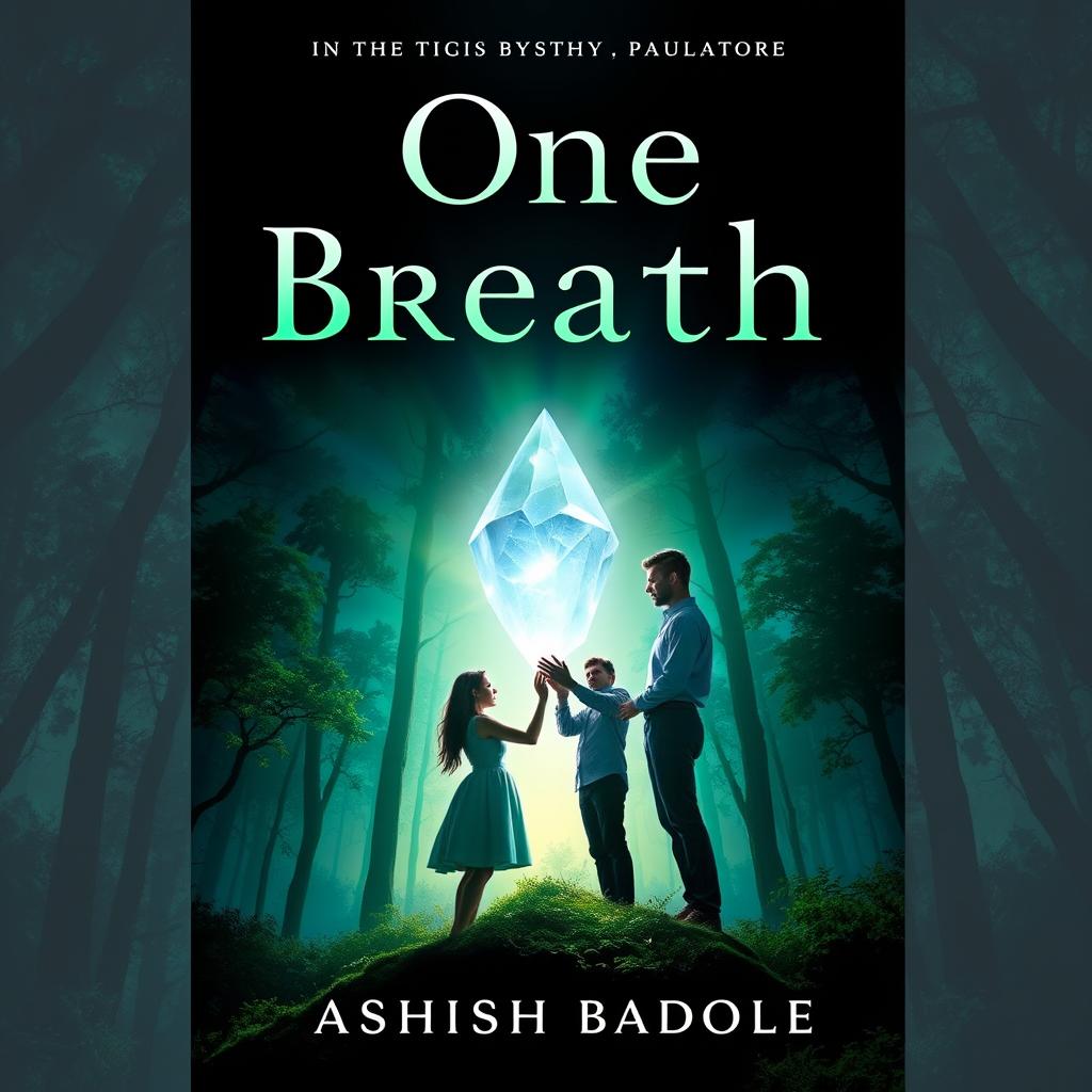 A magical book cover for 'One Breath' by Ashish Badole, depicting a stunning twilight scene where the title glows majestically above an ancient forest