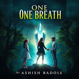 A magical book cover for 'One Breath' by Ashish Badole, depicting a stunning twilight scene where the title glows majestically above an ancient forest