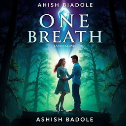 A magical book cover for 'One Breath' by Ashish Badole, depicting a stunning twilight scene where the title glows majestically above an ancient forest