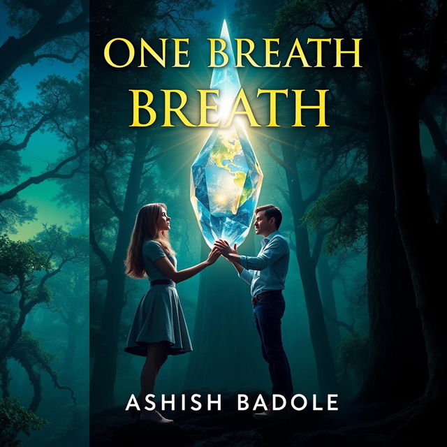 A magical book cover for 'One Breath' by Ashish Badole, depicting a stunning twilight scene where the title glows majestically above an ancient forest