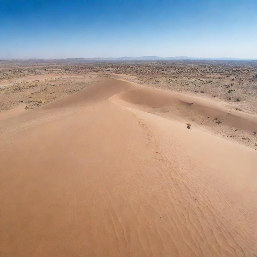 A vast, arid desert under a clear blue sky. Scattered sand dunes, shaped by the wind, create a beautiful pattern against the horizon. In the midst of the desert, there's a small, bustling village.