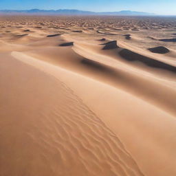 A vast, arid desert under a clear blue sky. Scattered sand dunes, shaped by the wind, create a beautiful pattern against the horizon. In the midst of the desert, there's a small, bustling village.