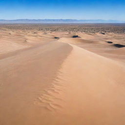 A vast, arid desert under a clear blue sky. Scattered sand dunes, shaped by the wind, create a beautiful pattern against the horizon. In the midst of the desert, there's a small, bustling village.