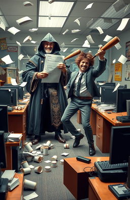 A chaotic office scene filled with hilarity and absurdity—desks are overturned and computers are sparking, while papers fly chaotically through the air