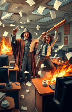 A chaotic office scene filled with hilarity and absurdity—desks are overturned and computers are sparking, while papers fly chaotically through the air