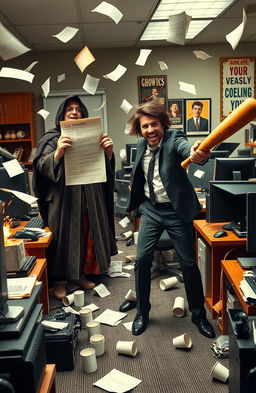 A chaotic office scene filled with hilarity and absurdity—desks are overturned and computers are sparking, while papers fly chaotically through the air