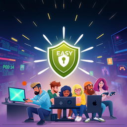 A digital artwork concept illustrating Easy Anti-Cheat, designed in a futuristic style