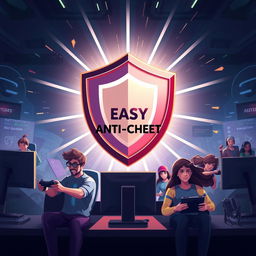 A digital artwork concept illustrating Easy Anti-Cheat, designed in a futuristic style