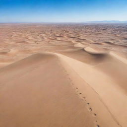 A vast, arid desert under a clear blue sky. Scattered sand dunes, shaped by the wind, create a beautiful pattern against the horizon. In the midst of the desert, there's a small, bustling village.