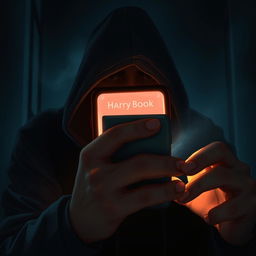 A book cover illustration depicting a shadowy figure peering anxiously behind a mobile phone screen, highlighting a tense atmosphere