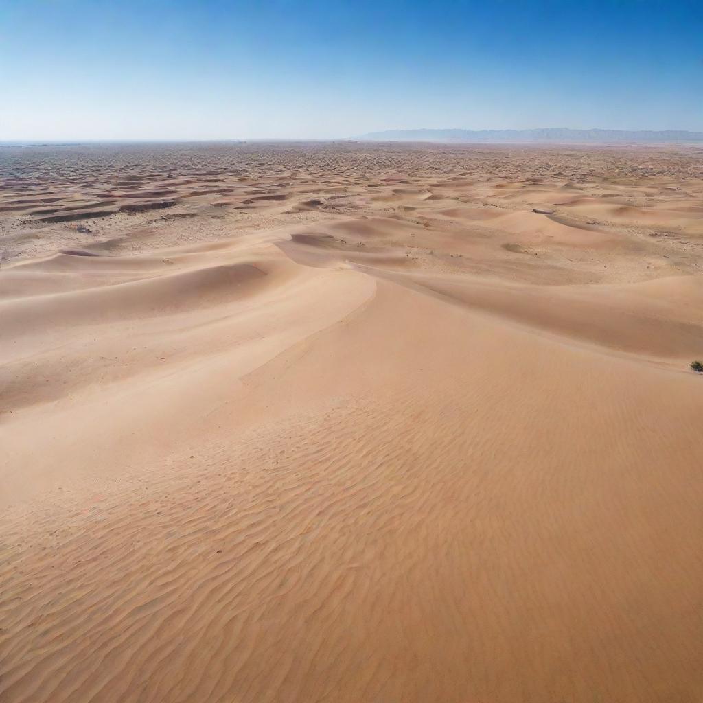 A vast, arid desert under a clear blue sky. Scattered sand dunes shaped by the wind, create a beautiful pattern against the horizon. In the midst of the desert, there's a small, bustling village filled with inhabitants.