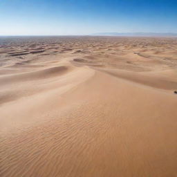 A vast, arid desert under a clear blue sky. Scattered sand dunes shaped by the wind, create a beautiful pattern against the horizon. In the midst of the desert, there's a small, bustling village filled with inhabitants.