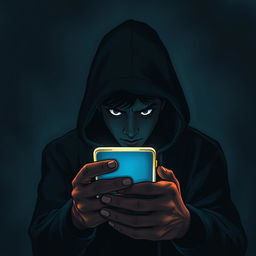 A book cover illustration depicting a shadowy figure peering anxiously behind a mobile phone screen, highlighting a tense atmosphere