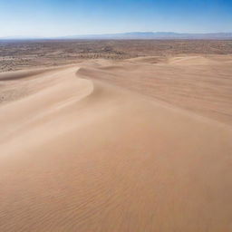 A vast, arid desert under a clear blue sky. Scattered sand dunes shaped by the wind, create a beautiful pattern against the horizon. In the midst of the desert, there's a small, bustling village filled with inhabitants.