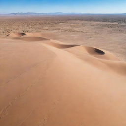A vast, arid desert under a clear blue sky. Scattered sand dunes shaped by the wind, create a beautiful pattern against the horizon. In the midst of the desert, there's a small, bustling village filled with inhabitants.