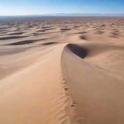 A vast, arid desert under a clear blue sky. Scattered sand dunes shaped by the wind, create a beautiful pattern against the horizon. In the midst of the desert, there's a small, bustling village filled with inhabitants.