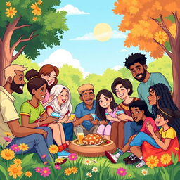 A colorful illustration showcasing a diverse group of companions from different backgrounds, ethnicities, and abilities gathered together in a park setting
