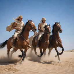 In the midst of an arid desert, under a clear blue sky, a dramatic battle unfolds between the Greek horseback riders and the Olympus mounted warriors. Tension fills the air as they charge towards each other, kicking up the sand.