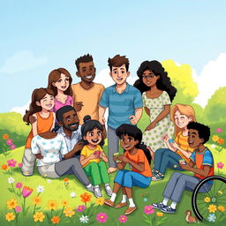 A colorful illustration showcasing a diverse group of companions from different backgrounds, ethnicities, and abilities gathered together in a park setting