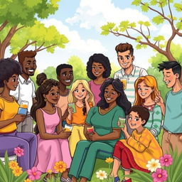 A colorful illustration showcasing a diverse group of companions from different backgrounds, ethnicities, and abilities gathered together in a park setting