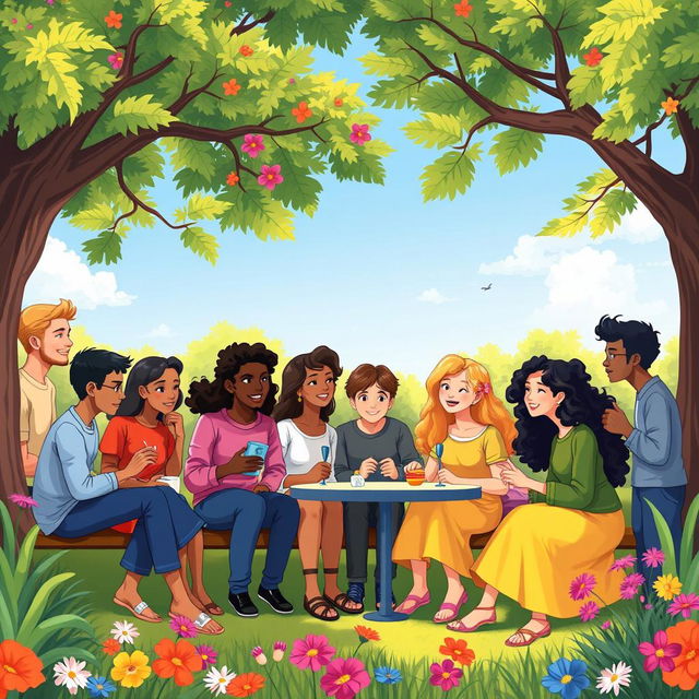 A colorful illustration showcasing a diverse group of companions from different backgrounds, ethnicities, and abilities gathered together in a park setting