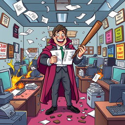 A cartoon-style chaotic office scene featuring desks overturned, computers sparking, and papers flying through the air